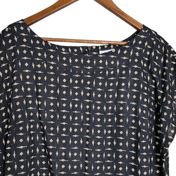 J. Jill 100% Linen Midi Dress Womens Large Black Tan Abstract Geometric Cap Slee - Picture 2 of 10